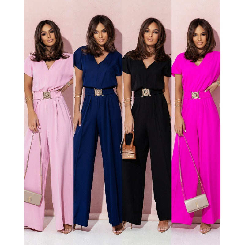 Dame Stylish bredskåret jumpsuit med bælte og V-hals Stilla
