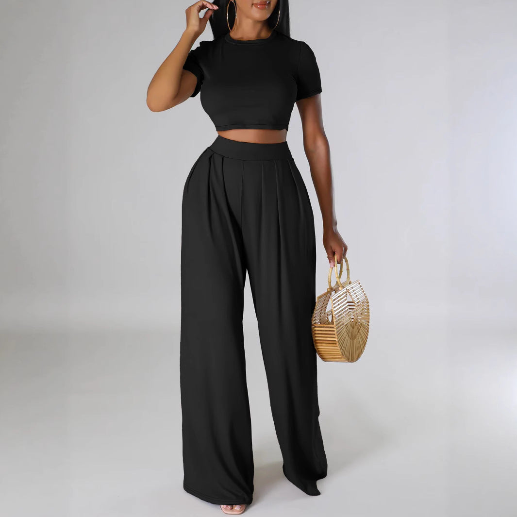 Dame Cut-Out Crop Top og brede High Waist Bukser Sæt Stilla