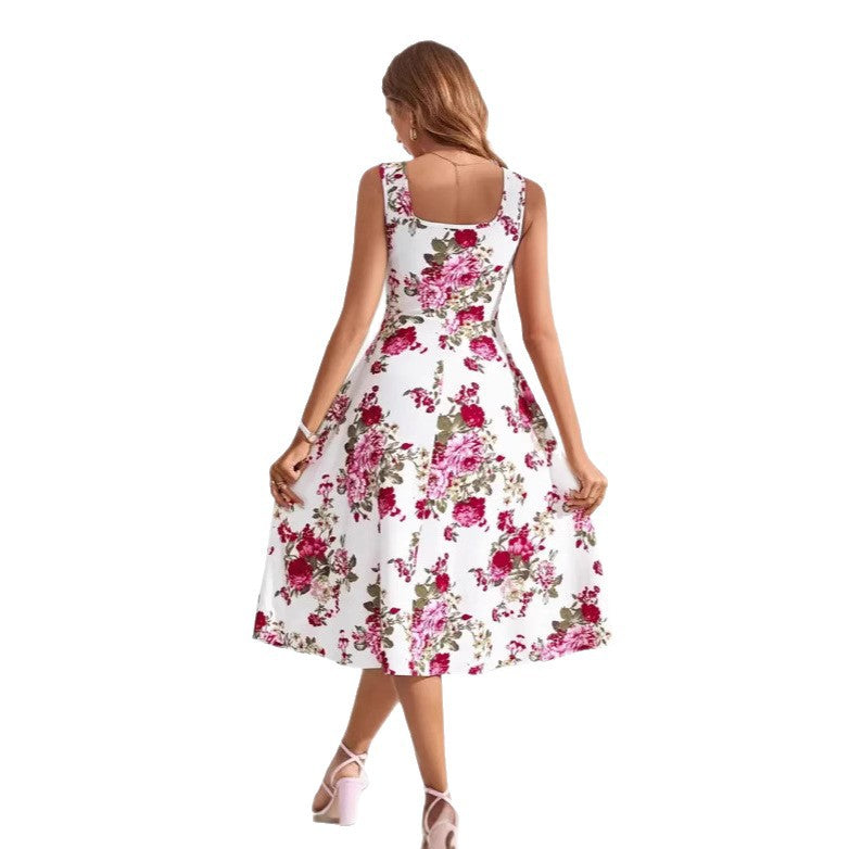 Dame Elegant blomsterkjole med firkantet udskæring og svajende nederdel Stilla