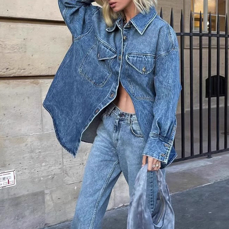 Dame afslappet Denim skjortejakke i oversized klip med praktiske lommer Stilla