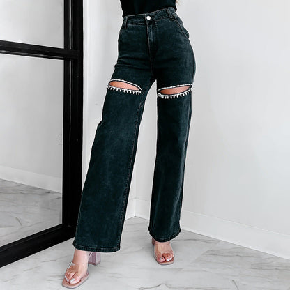 Stilla | Løs Nitte Rippet Straight Leg Dame Jeans