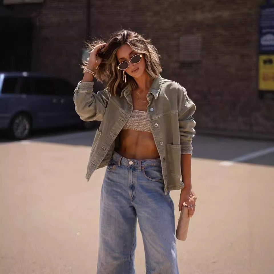 Dame afslappet Overshirt-jakke i vintage stil med store lommer Stilla