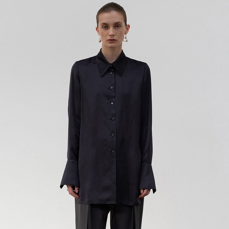 Dame Edle Silke Bluse med klassisk Krave og elegante Knapdetaljer Stilla