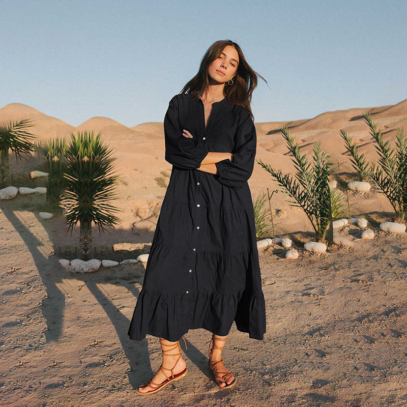 Dame afslappet maxikjole med afslappet pasform og gennemgående knaplukning Stilla