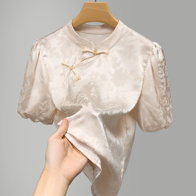 Dame Elegant Blusenshirt med blomsterapplikationer og puffærmer Stilla