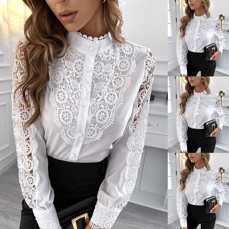 Dame elegant bluse med transparente spidsærmer og rynkekrave Stilla