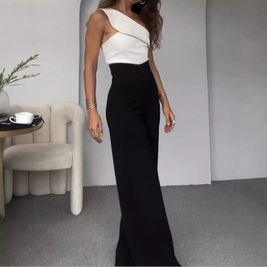 Dame Elegant Jumpsuit med asymmetrisk udskæring og bredt ben Stilla