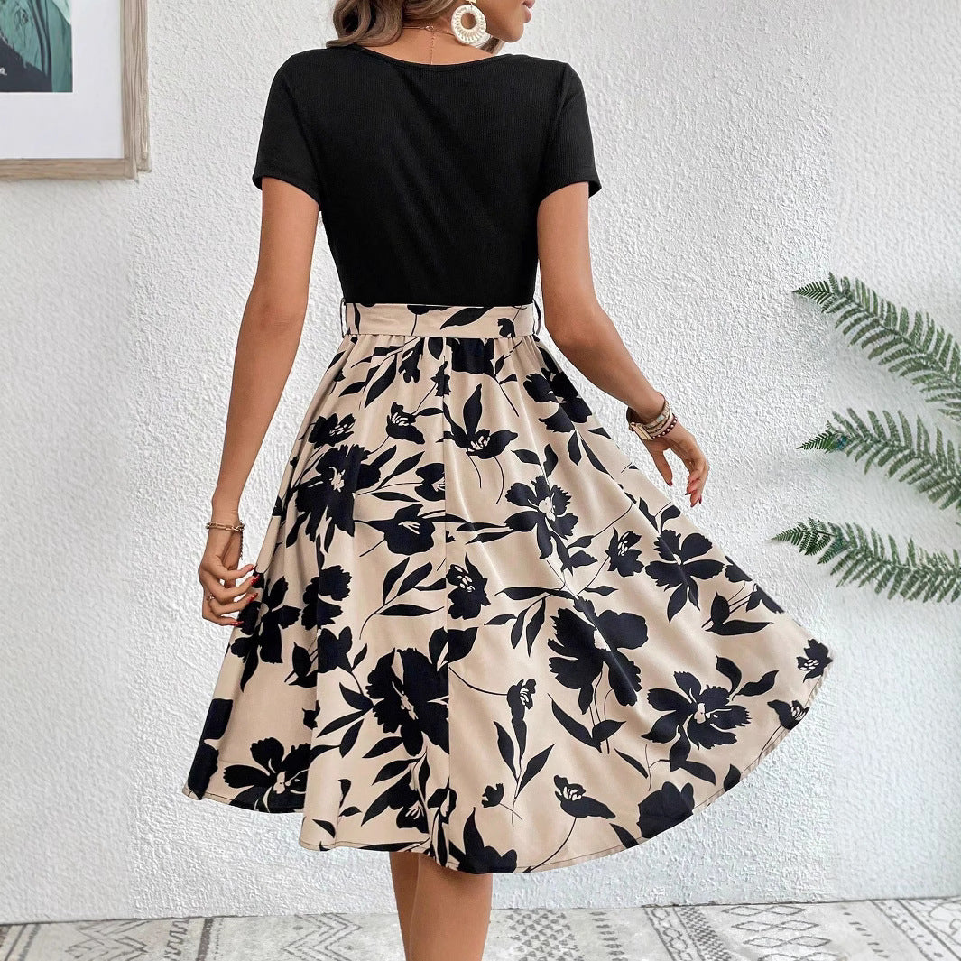 Dame A-linie kjole med floral nederdel og talje bælte Stilla