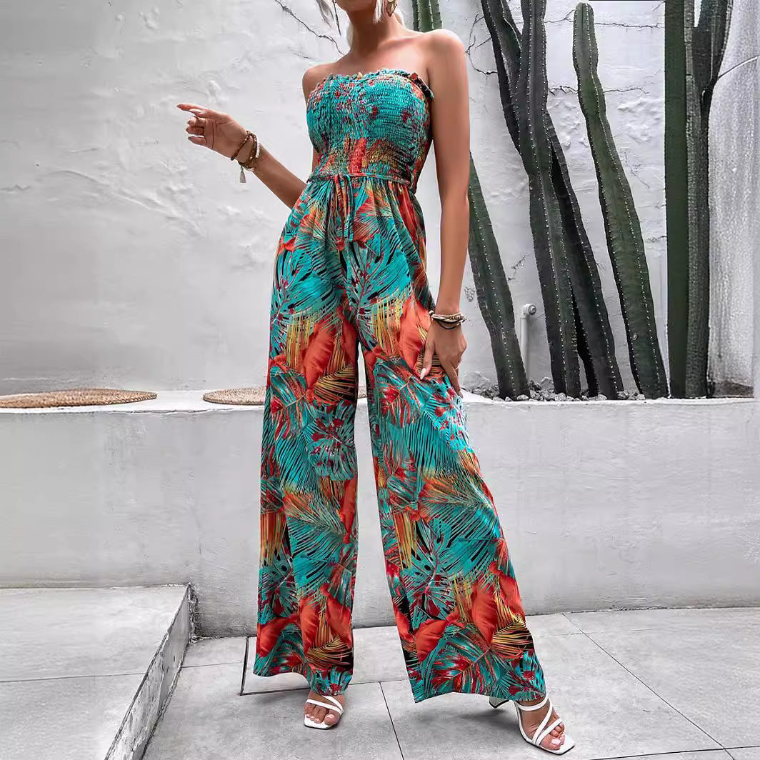 Damer Strapless Tropisk-print Bred-bukser Jumpsuit Stilla