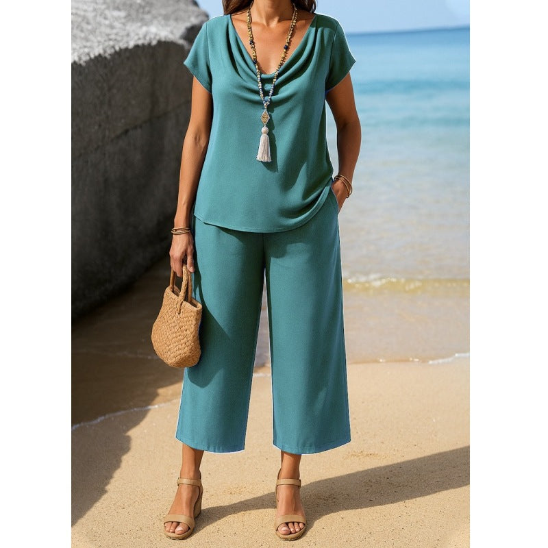 Dame afslappet overdel og brede bukser i sæt Stilla