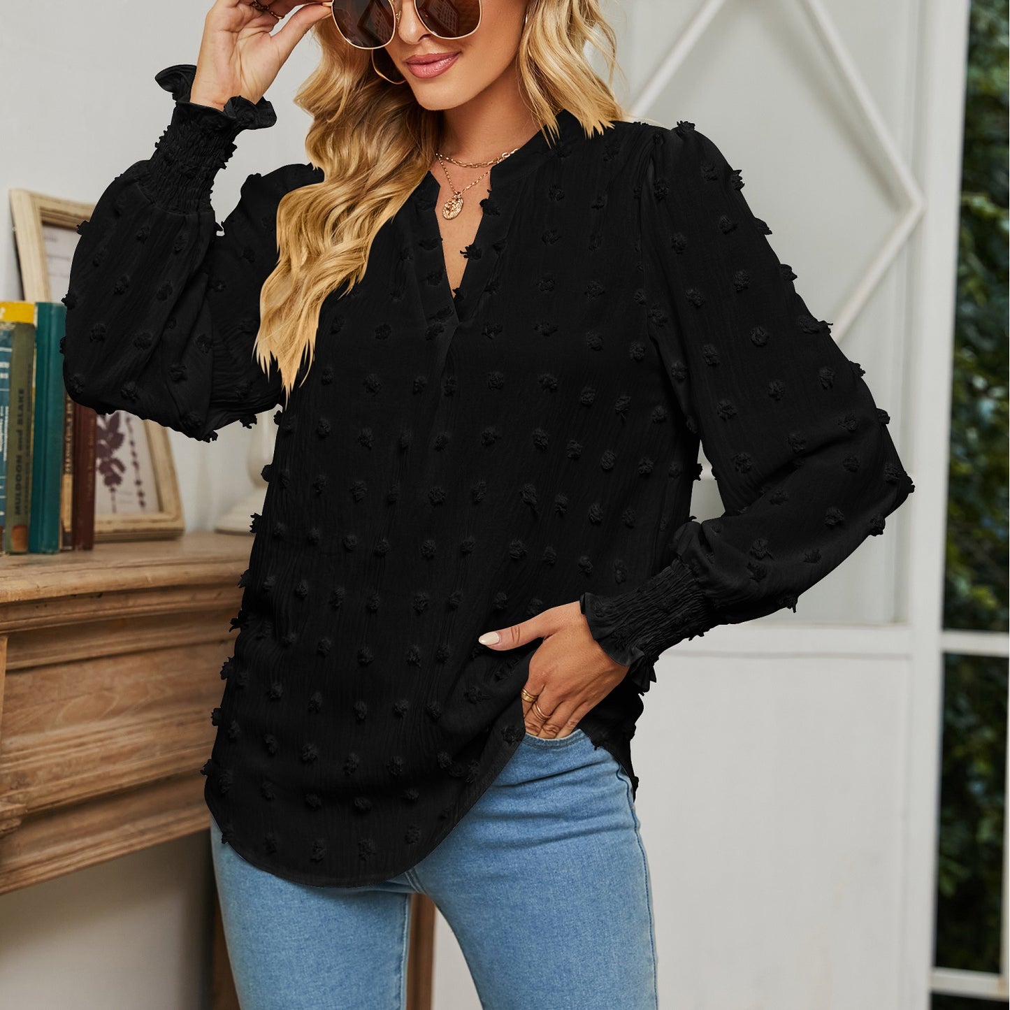 Dame elegant bluse med reliefagtige detaljer WP