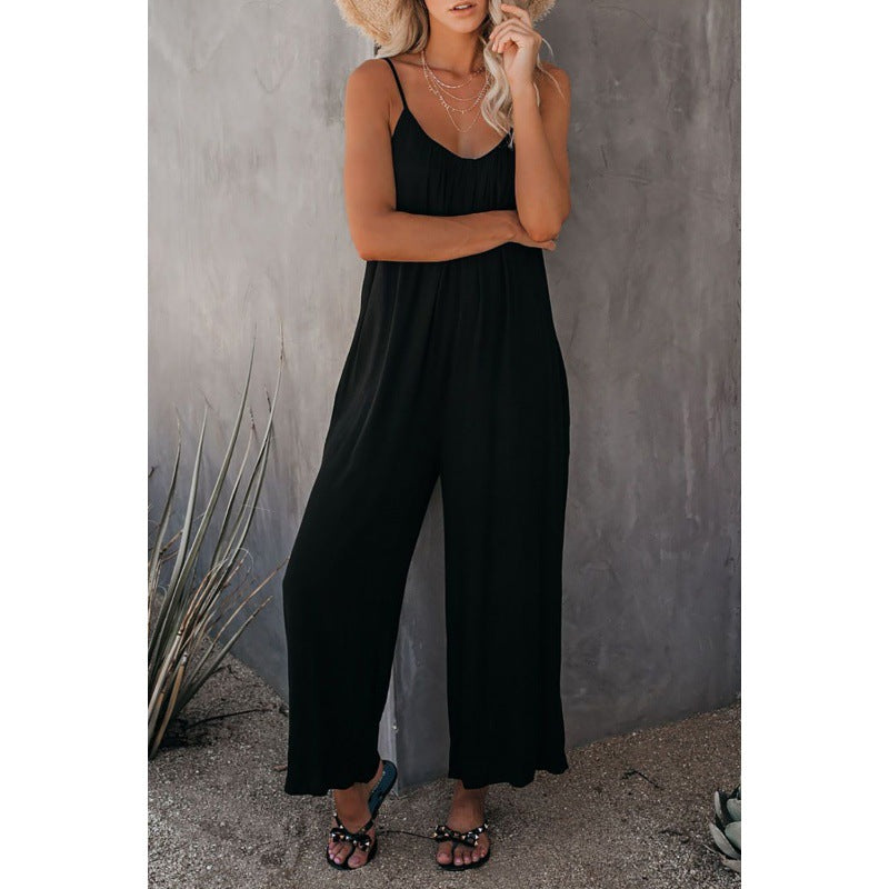 Dame Flydende Bredbenet Jumpsuit med Justerbare Spaghetti Stropper Stilla
