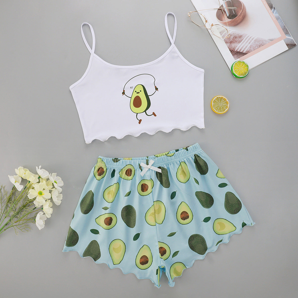 Dame Crop-Top og Shorts Sæt med sjovt Avocado-motiv Stilla