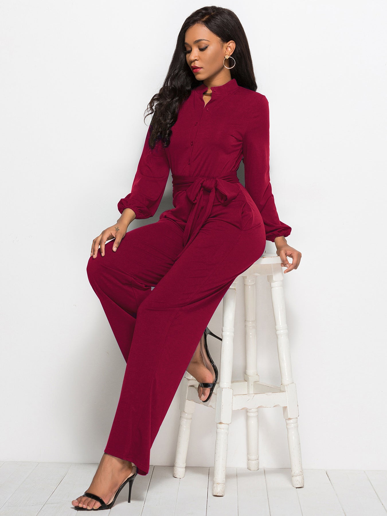 Damer Elegant Langærmet Jumpsuit med Talje bånd og Knapdetaljer Stilla
