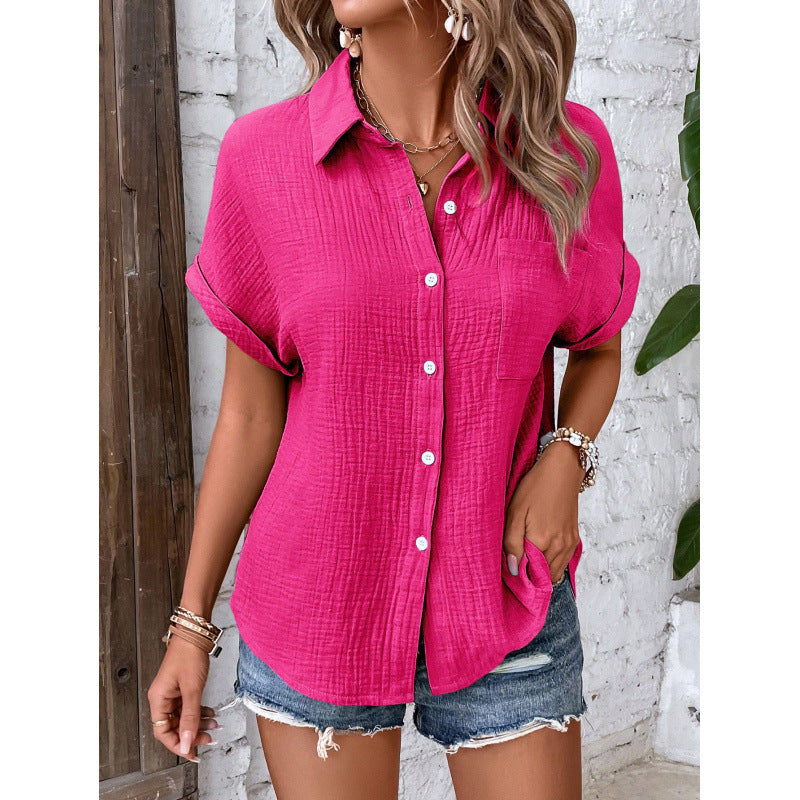 Dame afslappet kortærmet bluse lavet af åndbart bomuldsblanding med struktureret overflade Stilla