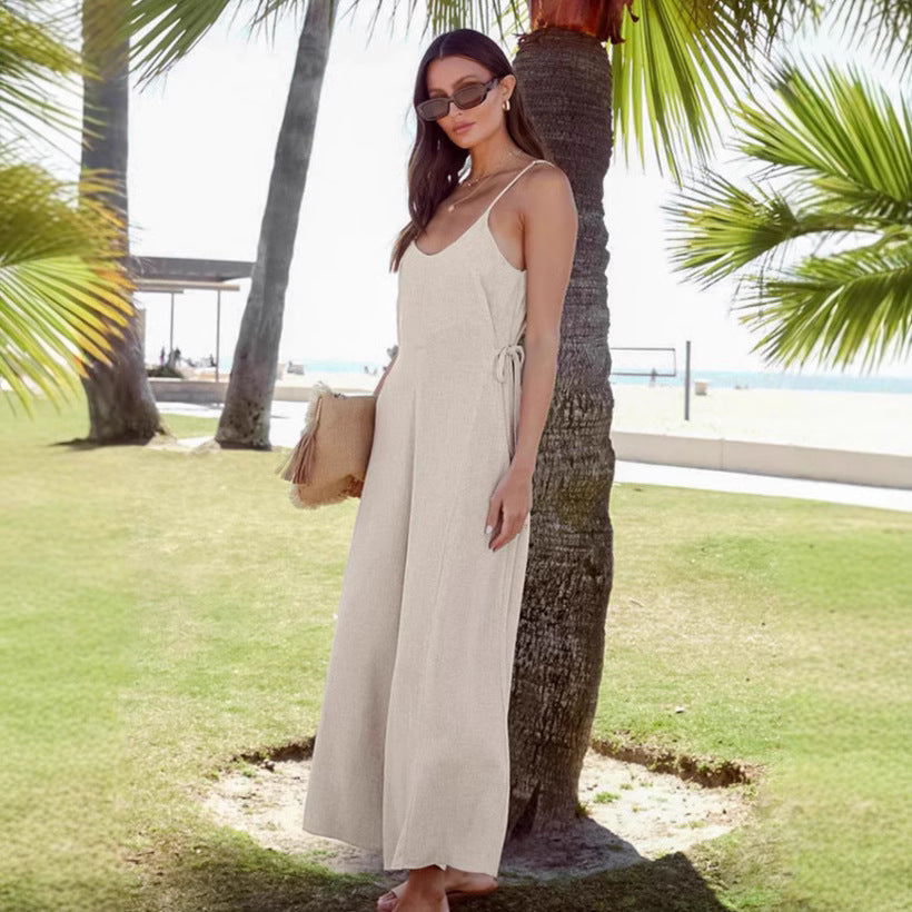Dame Casual Jumpsuit med justerbare stropper og vidt skårne ben Stilla