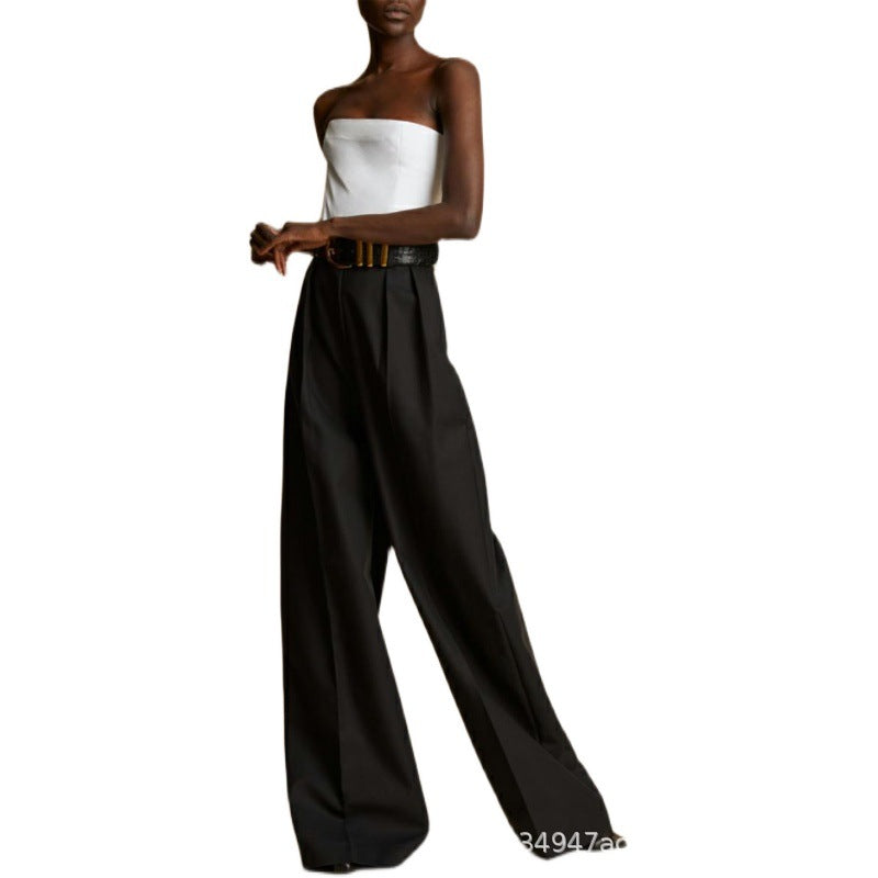 Dame elegant bred stofbukser med høj talje og modeshow bælte Stilla