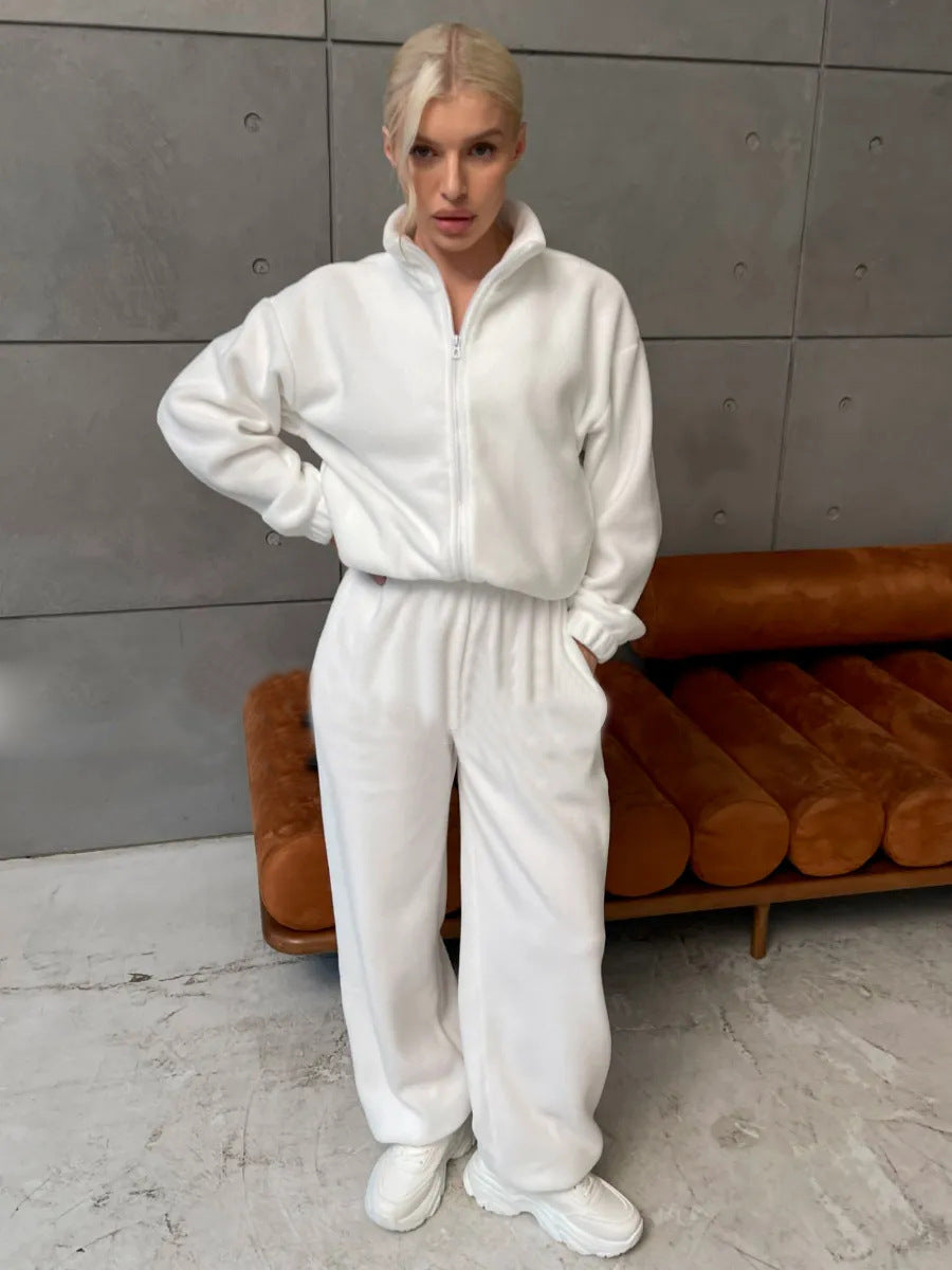 Dame Elegant fleece træningssæt med høj krave og bredt ben Stilla