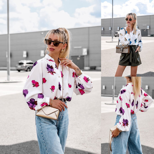 Dame elegant bluse med blomster mønster og legende flæser Stilla