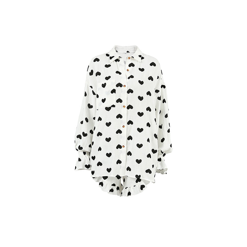 Dame afslappet hjerte mønster pyjamasæt med volangdetaljer Stilla