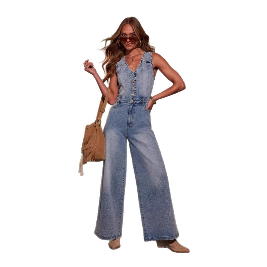 Damer Jumpsuit med bredt skårne ben og elegant knapliste Stilla