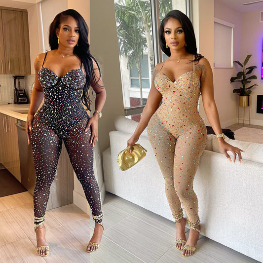 Dame Glamourøs Bodycon Jumpsuit med strass-applikationer og forførende, elastiske ben Stilla
