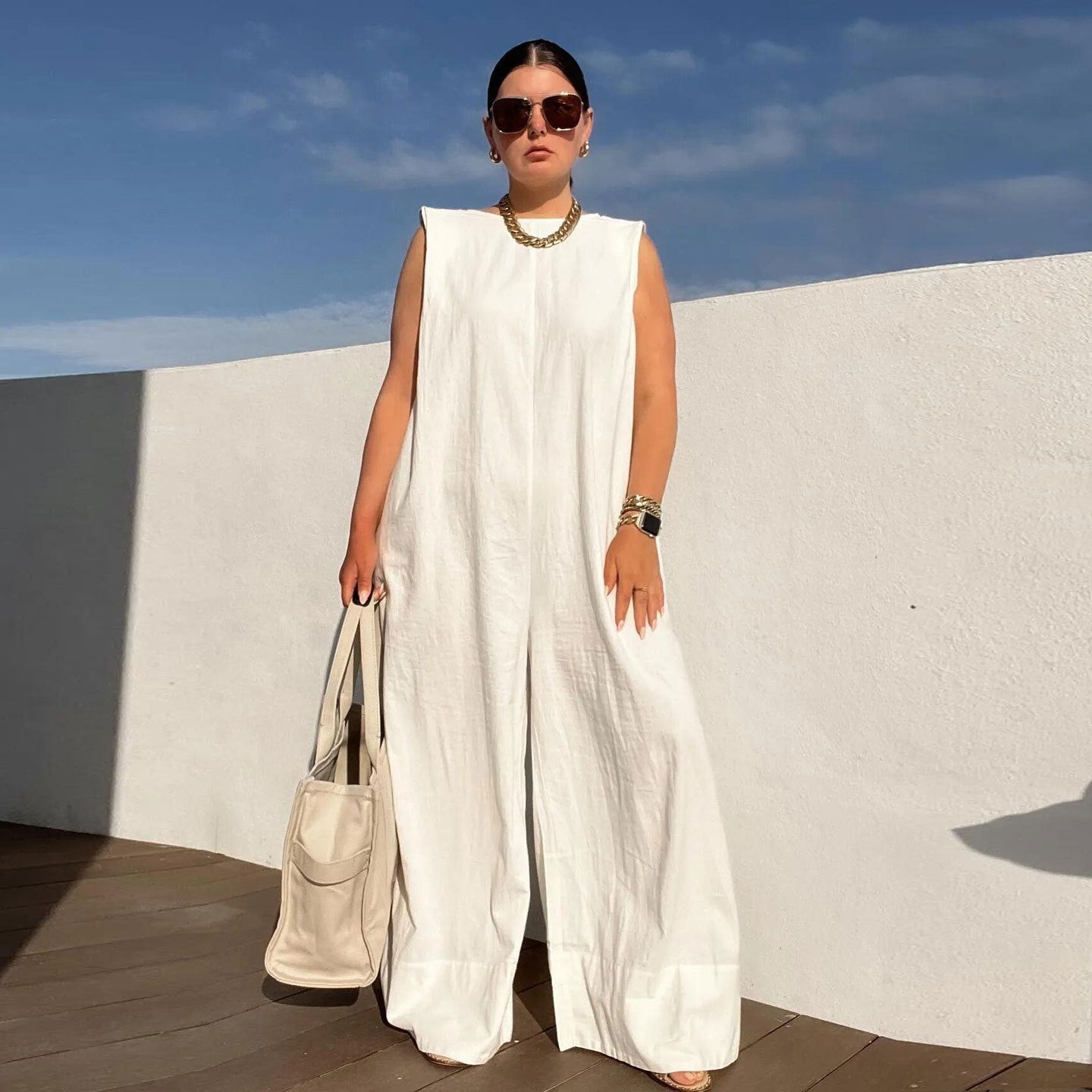 Dame jumpsuit med bred ben og ærmeløs design Stilla