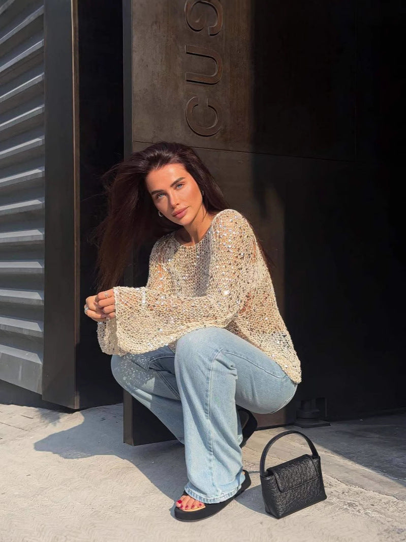 Dame Cropped Strikbluse med glitrende accenter Stilla