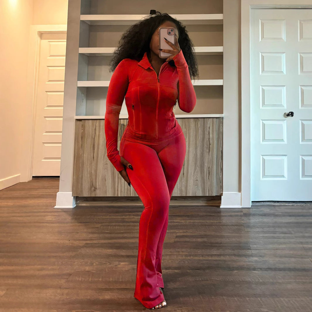 Damer Sporty Langeærmet Jumpsuit i Stretch-materiale med Lynlås Stilla