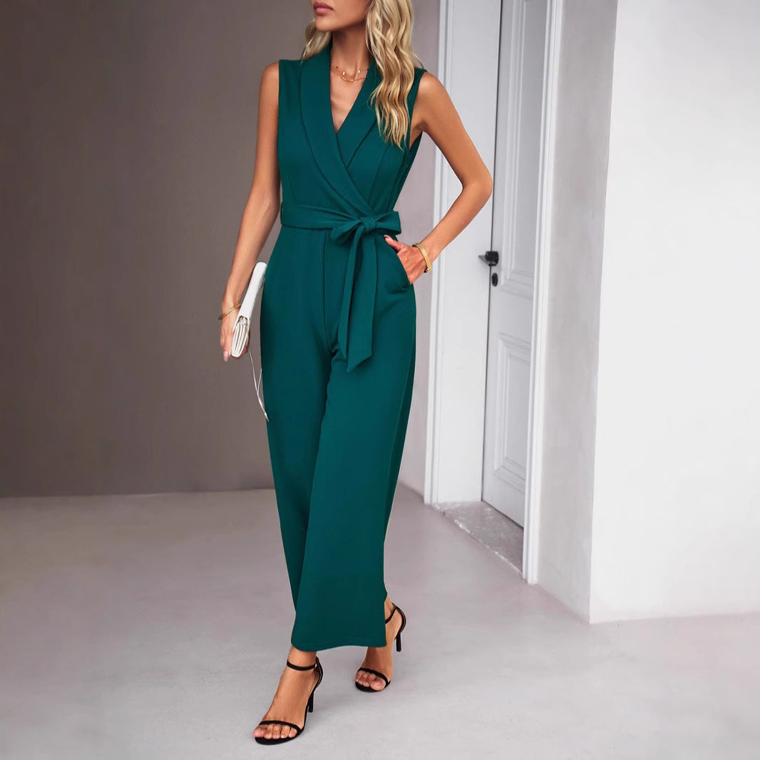 Dame Elegant Jumpsuit med Vikkelook og Taljebelte Stilla