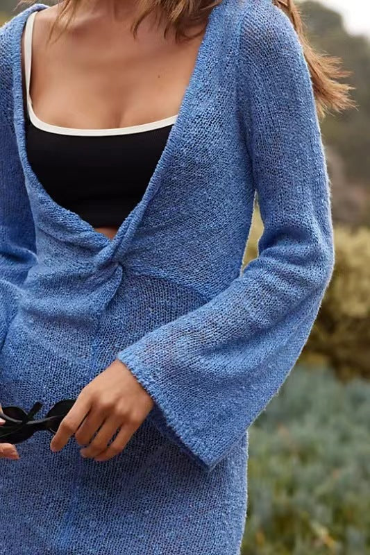 Dame åben strik cover-up med lange ærmer og bindebælte Stilla