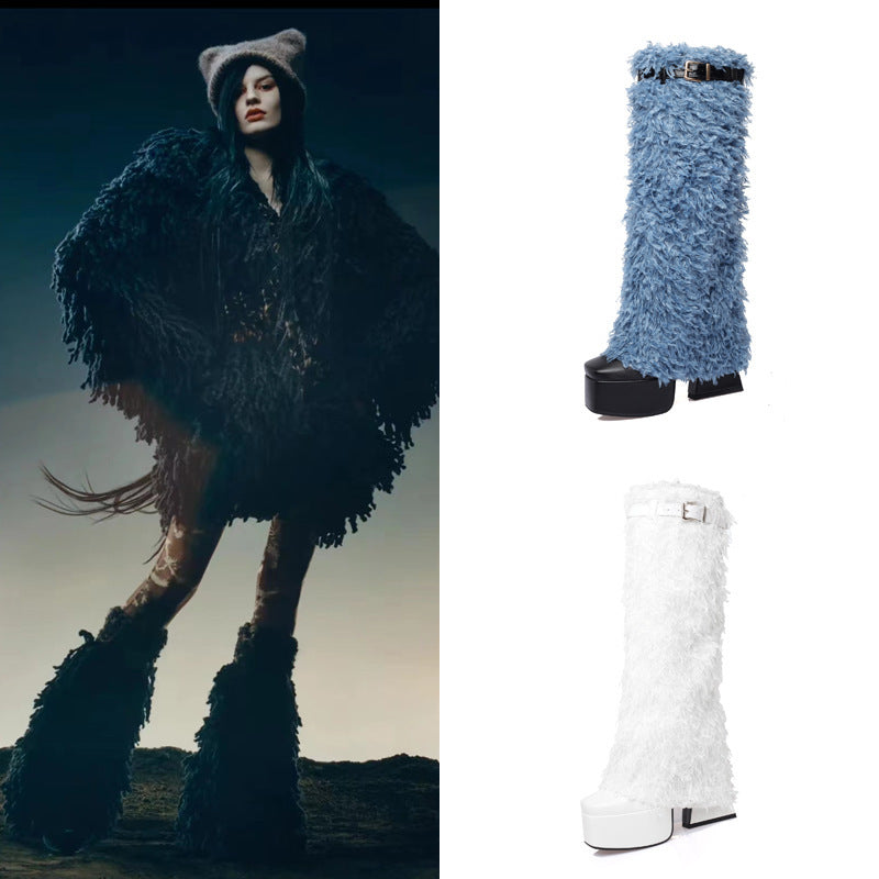 Femme Luxe Fuzzy Over-knæet Stiletto Støvler Stilla