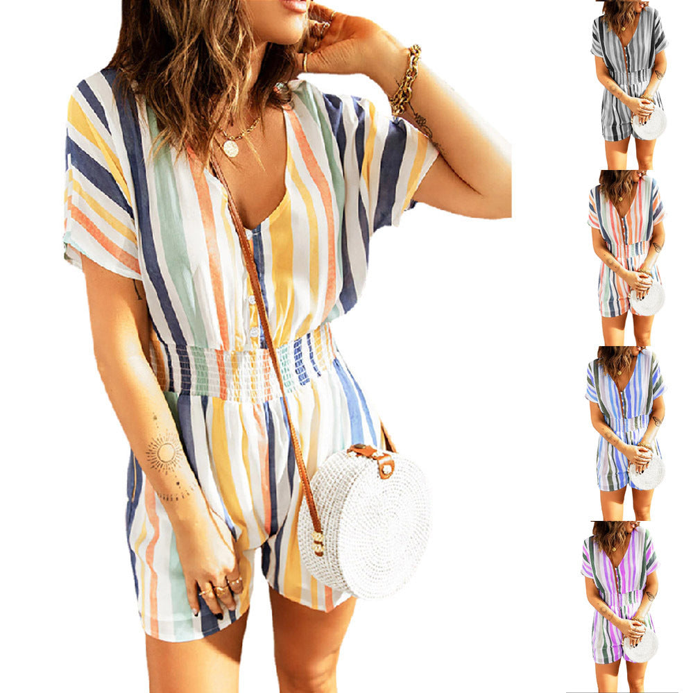 Dame casual kort jumpsuit med striped design og knapdetaljer Stilla