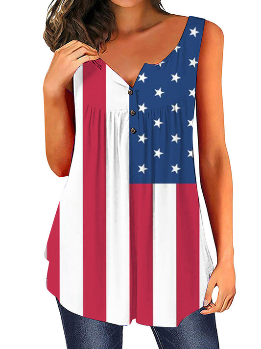 Dame afslappet bluse med knapliste og flagmotiv Stilla