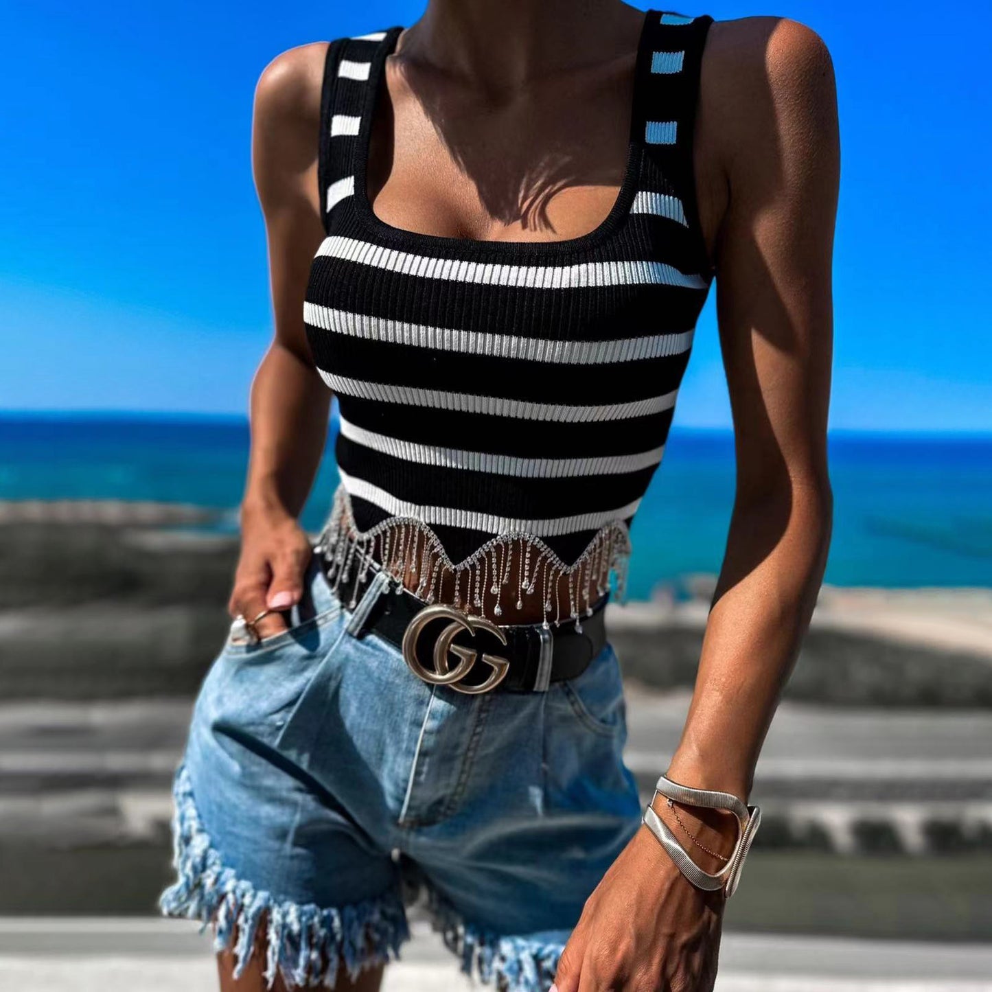 Dame Crop-Top med stribemønster og dekorative frynser Stilla