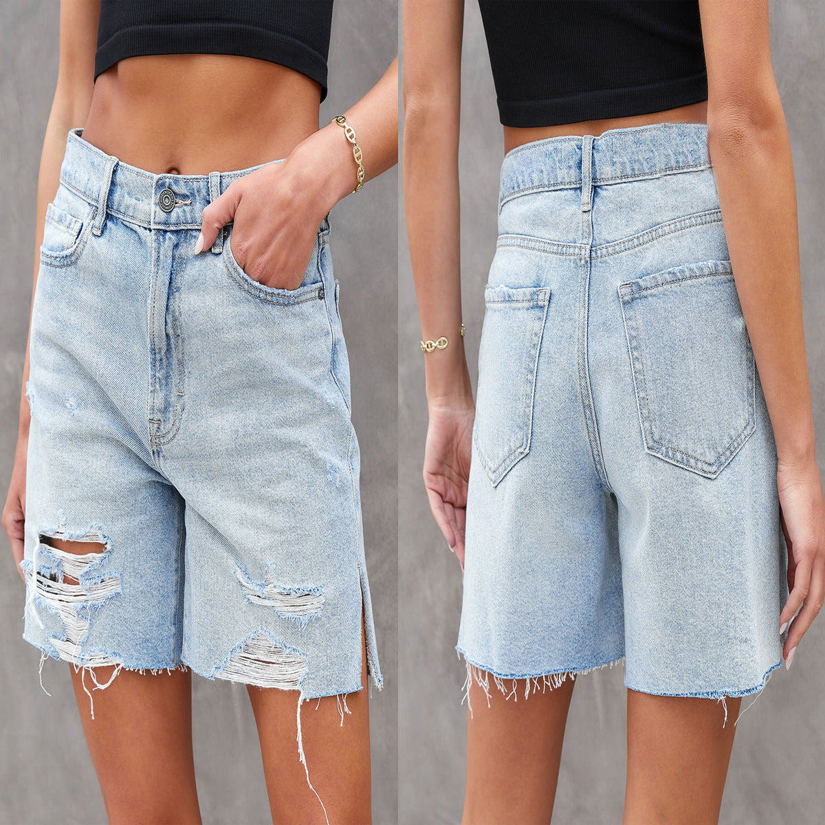 Dame Destroyed Denim Shorts i moderne vintage-stil med afslappede revner og frynset søm Stilla