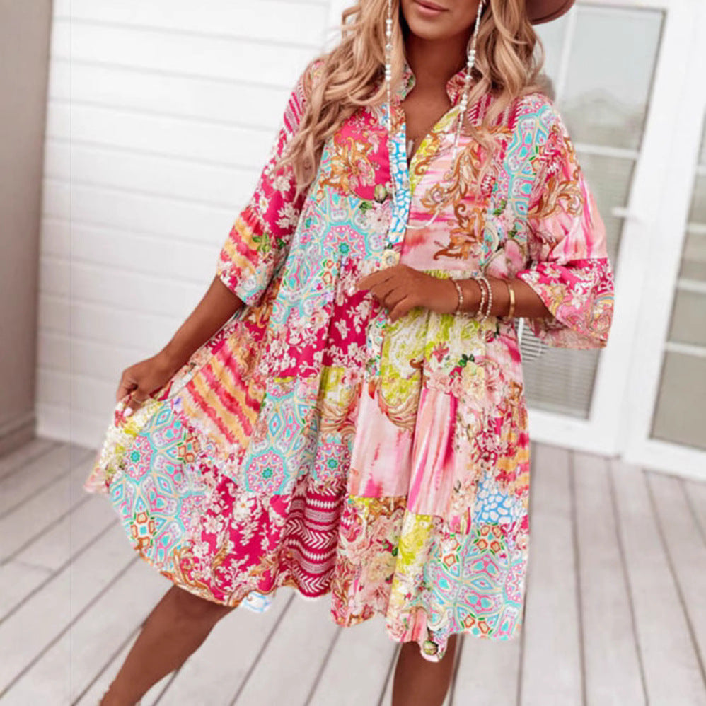 Dame afslappet maxikjole med farverigt patchwork-design og komfortabel pasform Stilla