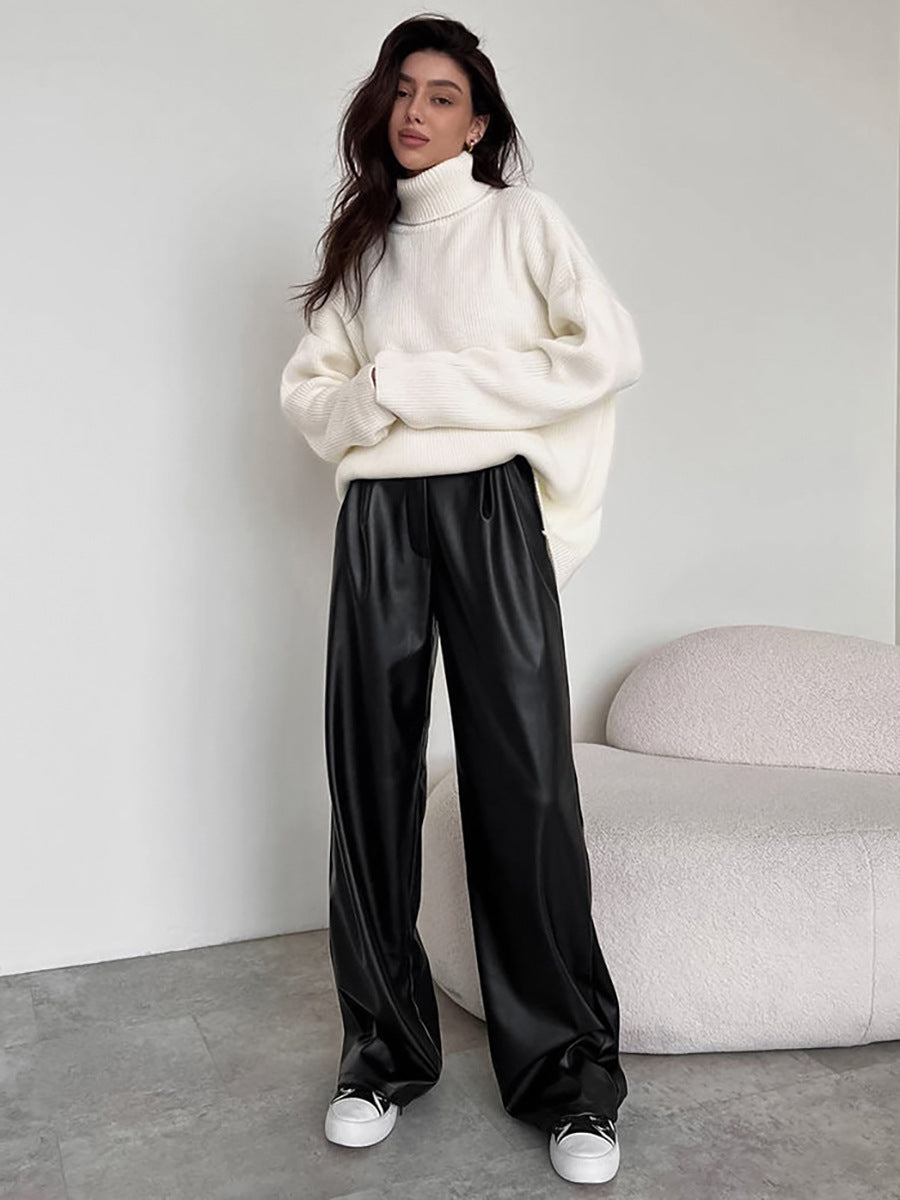 Dame Elegant Høj Talje Kunstlæderbukser med Bred Ben og Bælte Stilla