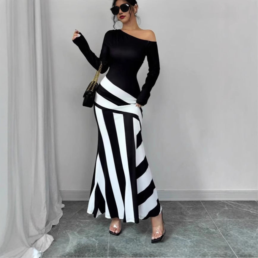 Dame elegant asymmetrisk maxikjole med stribemønster Stilla