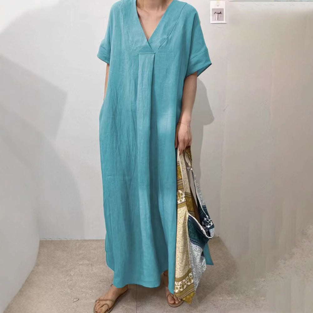 Dame Afslappet Fit V-Udskæring Maxikjole med Sidelommer Stilla