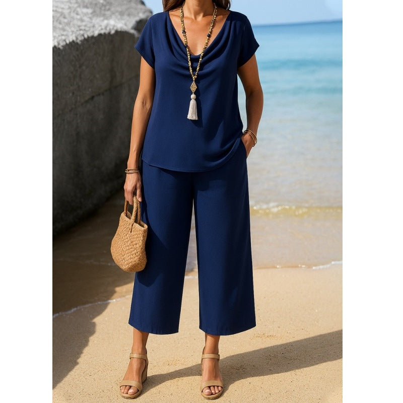 Dame afslappet overdel og brede bukser i sæt Stilla