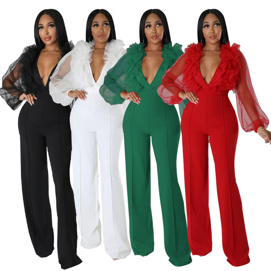 Dame Elegant Jumpsuit med voluminøse flæseærmer og højhalset krave Stilla