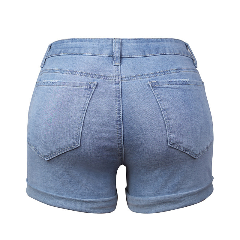 Dame denim-shorts med høj talje og frynset kant Stilla