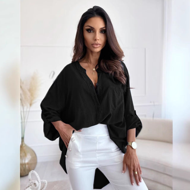 Dame afslappet bluse med knapliste Stilla