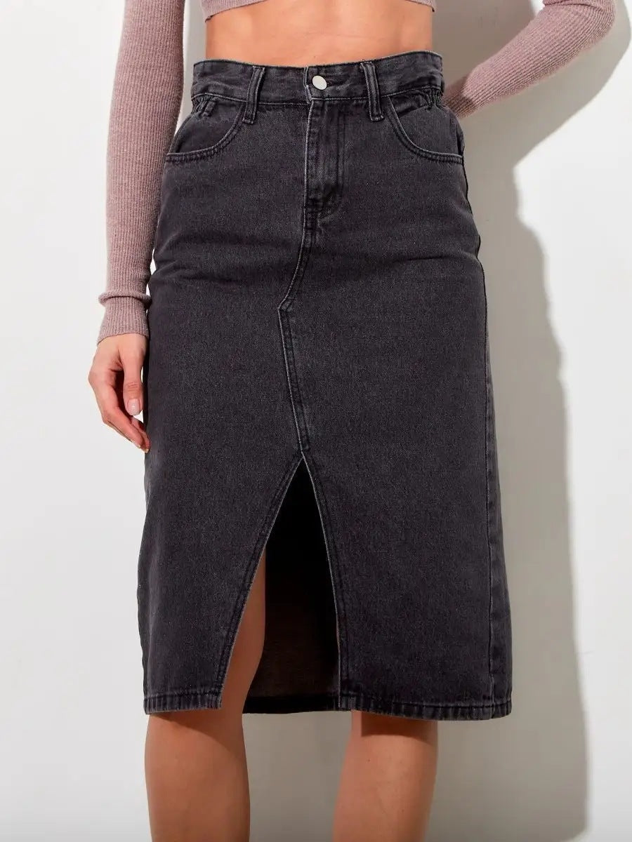 Dame denim midi nederdel med høj slids og alsidigt design Stilla