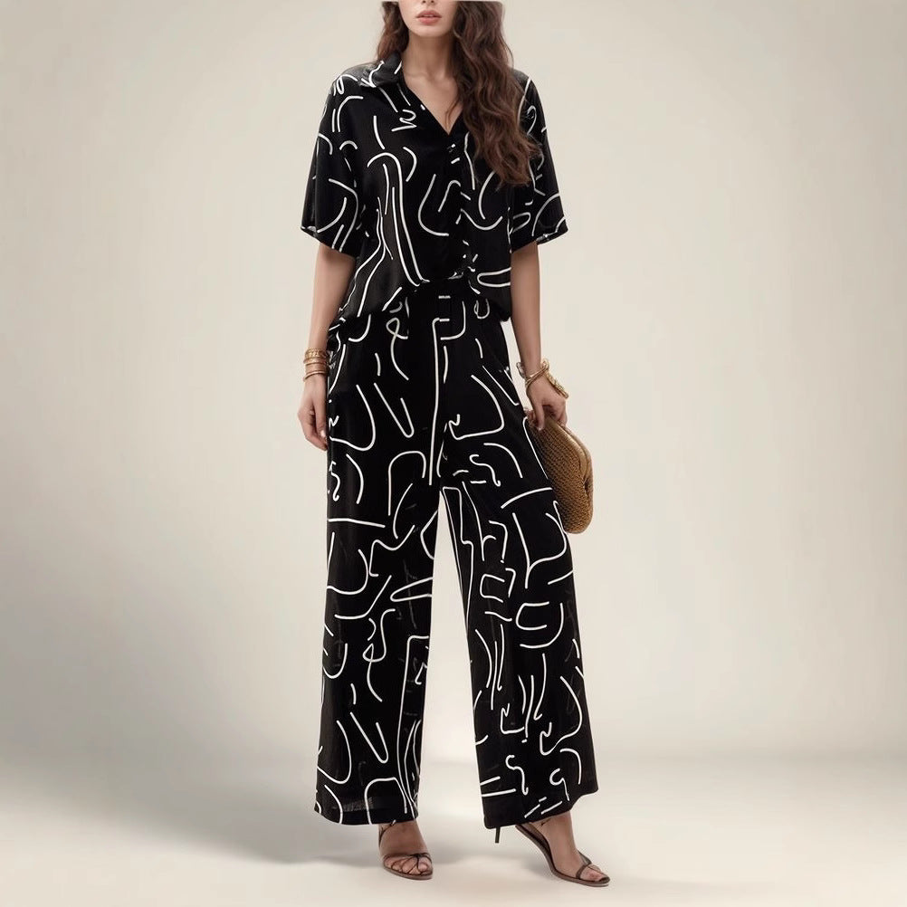 Dame Abstract Print Løs Pasform Loungewear Sæt Stilla