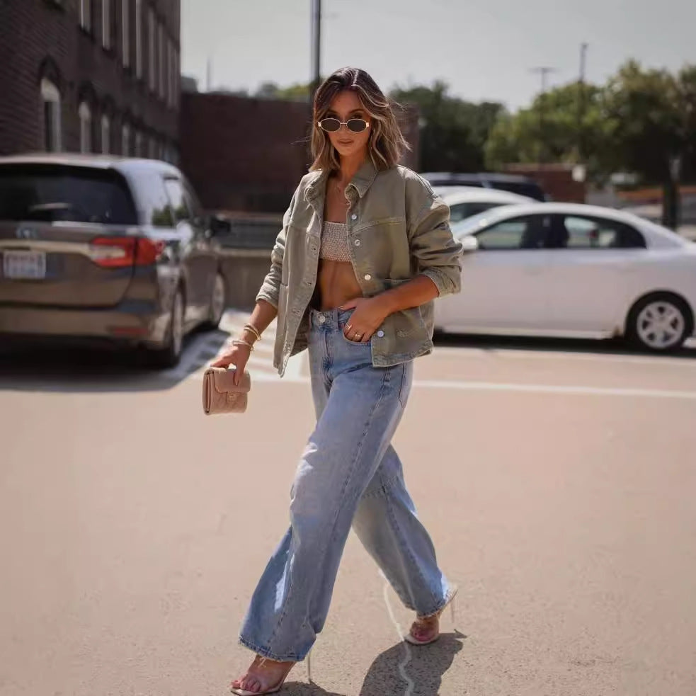 Dame afslappet Overshirt-jakke i vintage stil med store lommer Stilla