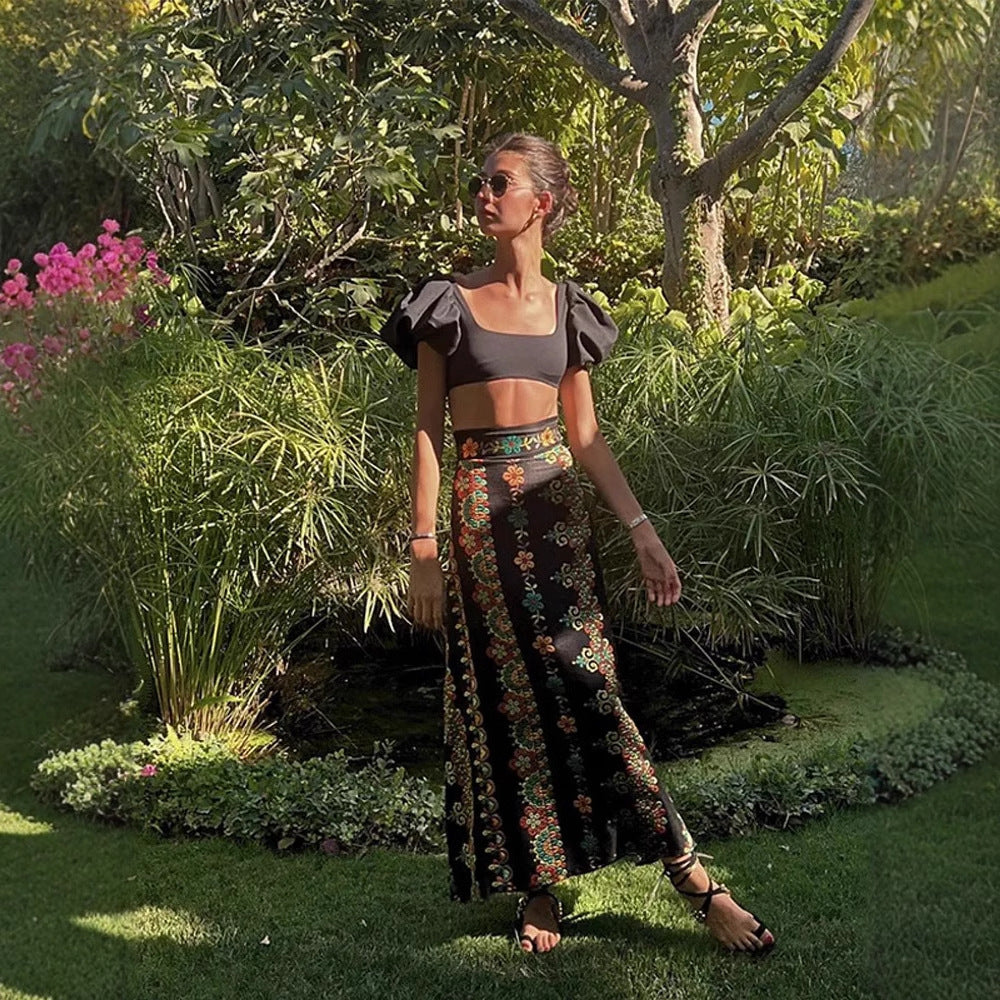 Dame Elegant Bluse med puffærmer og blomsterbroderi Stilla