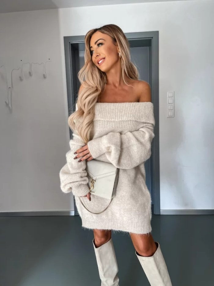 Dame afslappet oversized strikkjole med skulderfri snit og voluminøse ærmer Stilla