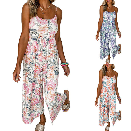 Dame afslappet sommer jumpsuit med blomsterdesign og justerbare spaghetti stropper Stilla